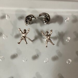 Lot of 2 Pairs of Silver Figure Stud Earrings Moon and Man